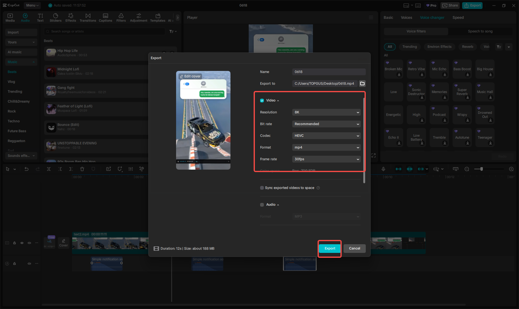 Export and share fake text video