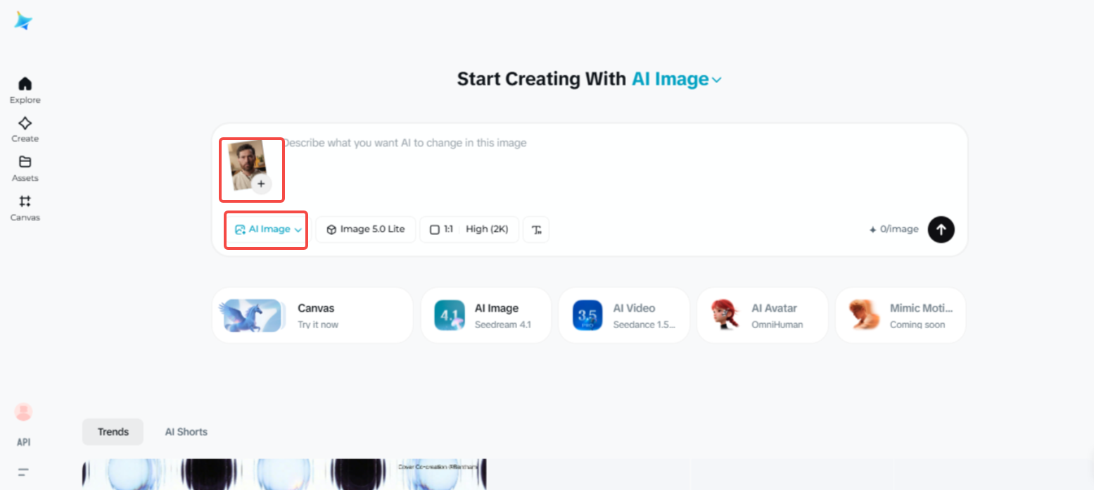 Zugriff auf die Funktion "AI Image" in Dreamina