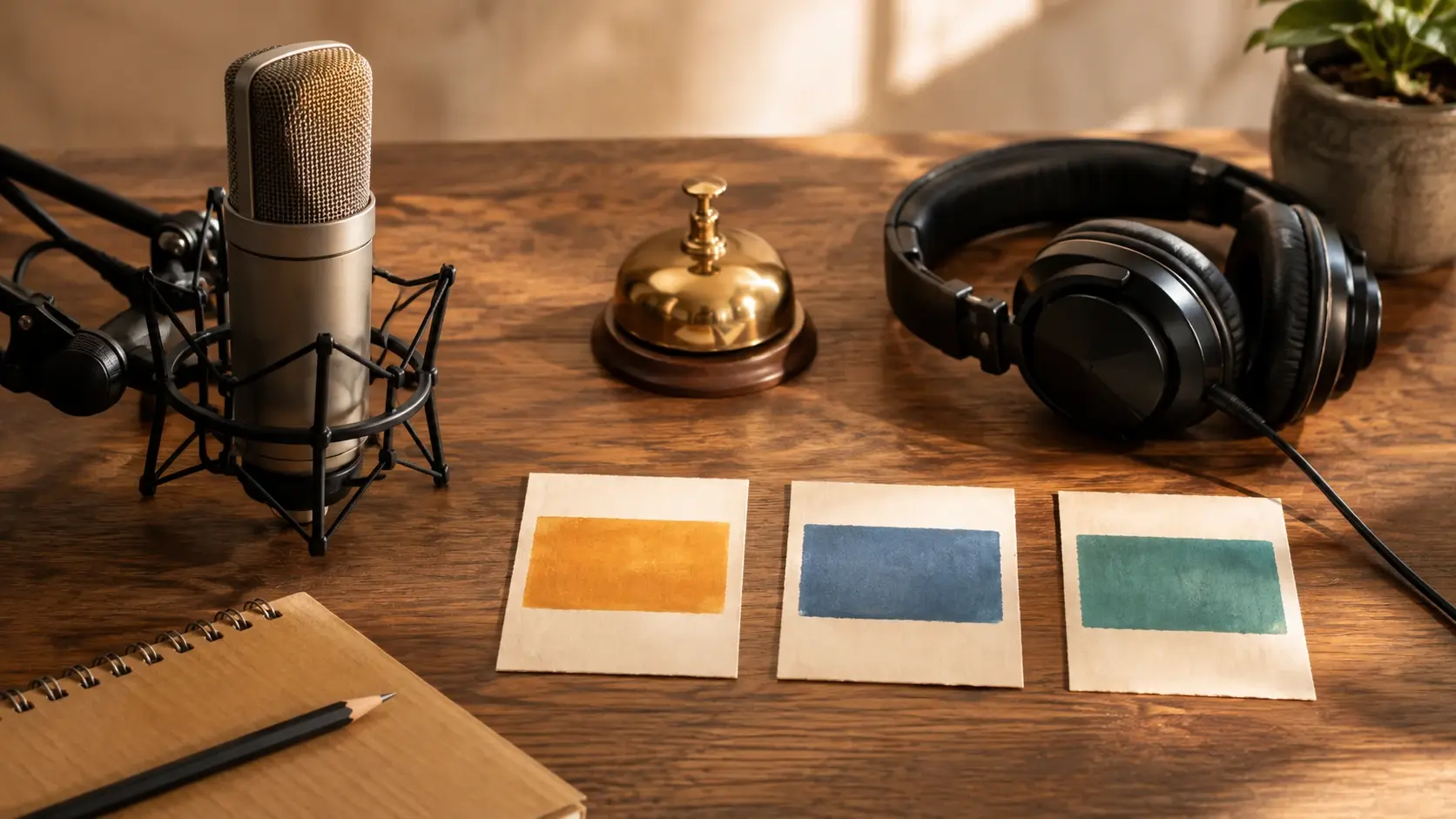 A microphone headphones and three physical cue cards for planning voice music and sound effects