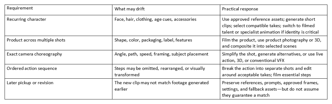 Table of AI video generation limits, showing drift risks and practical responses