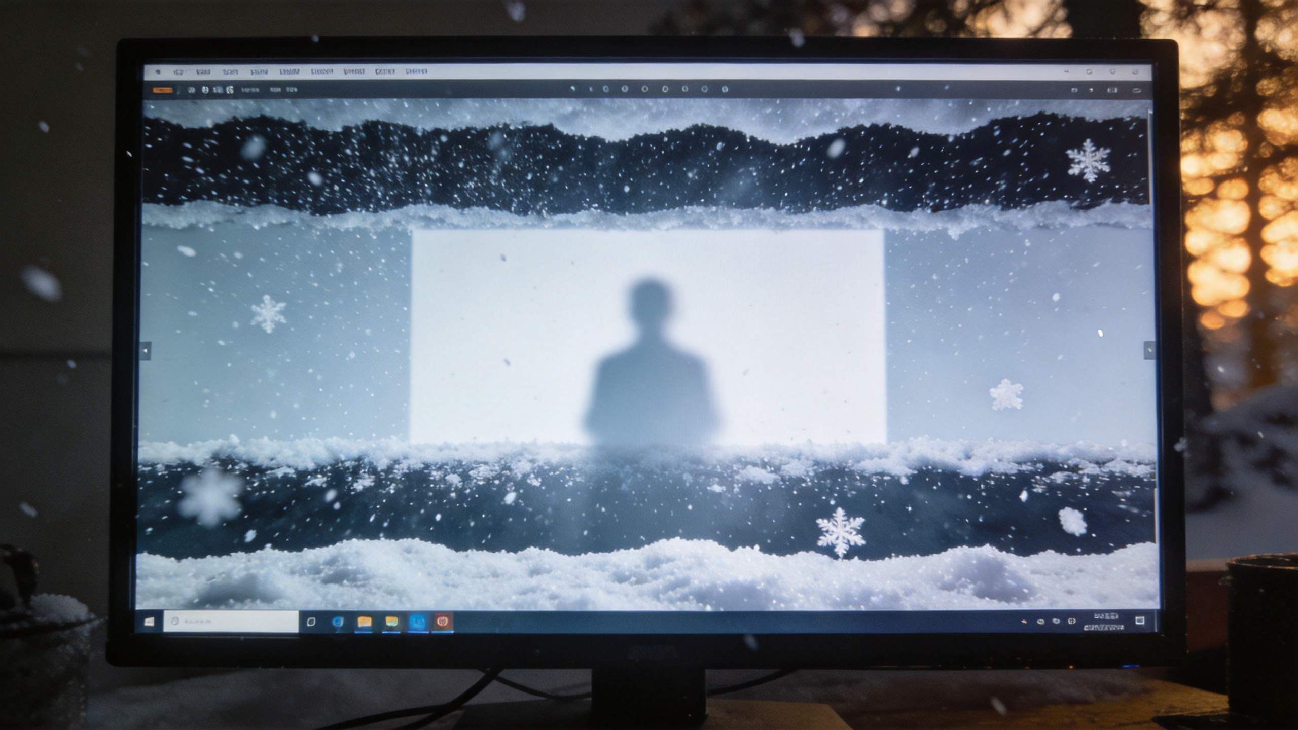 Monitor displaying a snowy video editing preview with a blurred person silhouette