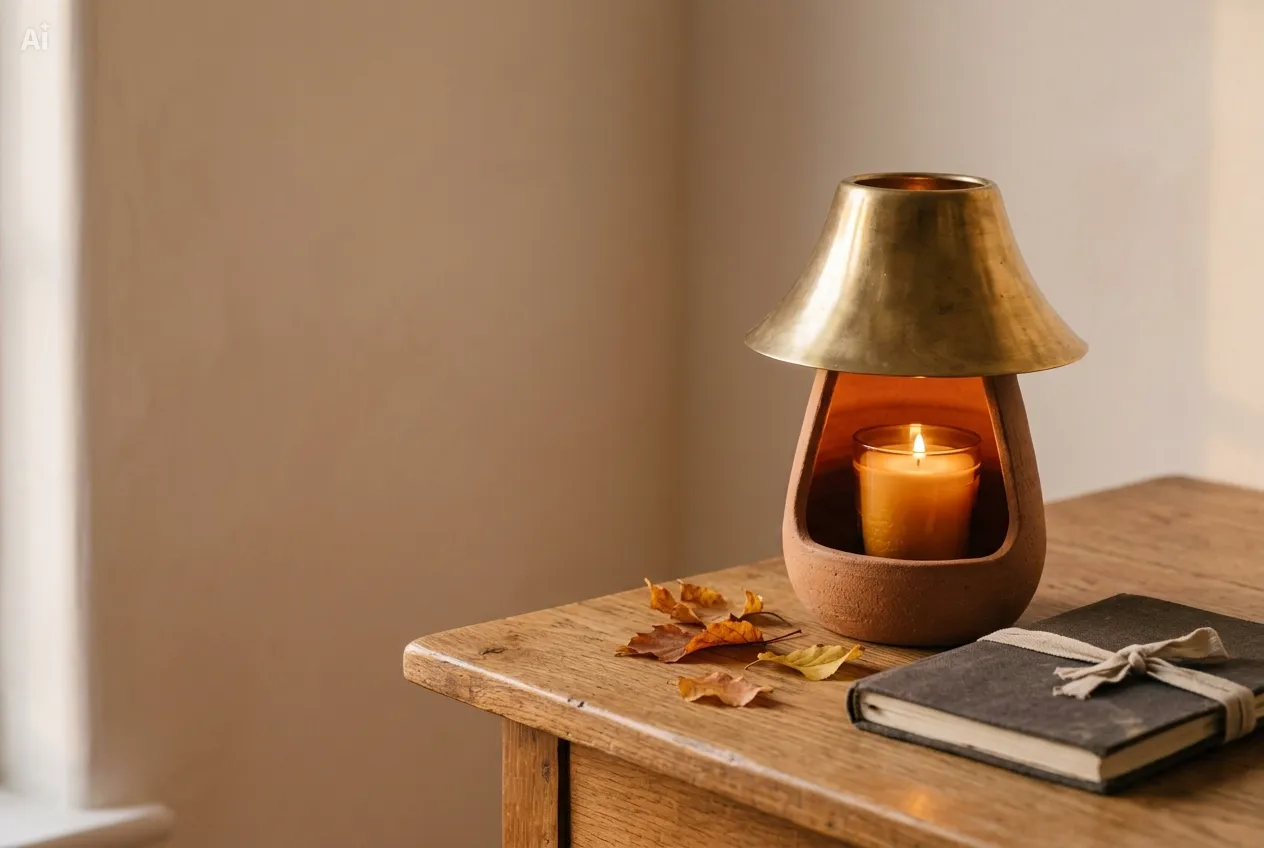 A terracotta candle warmer on an evening desk beside a notebook and amber leaves