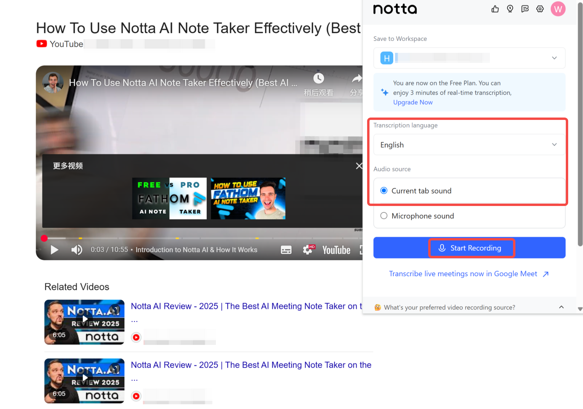 Showing how to transcribe YouTube video into text with Notta
