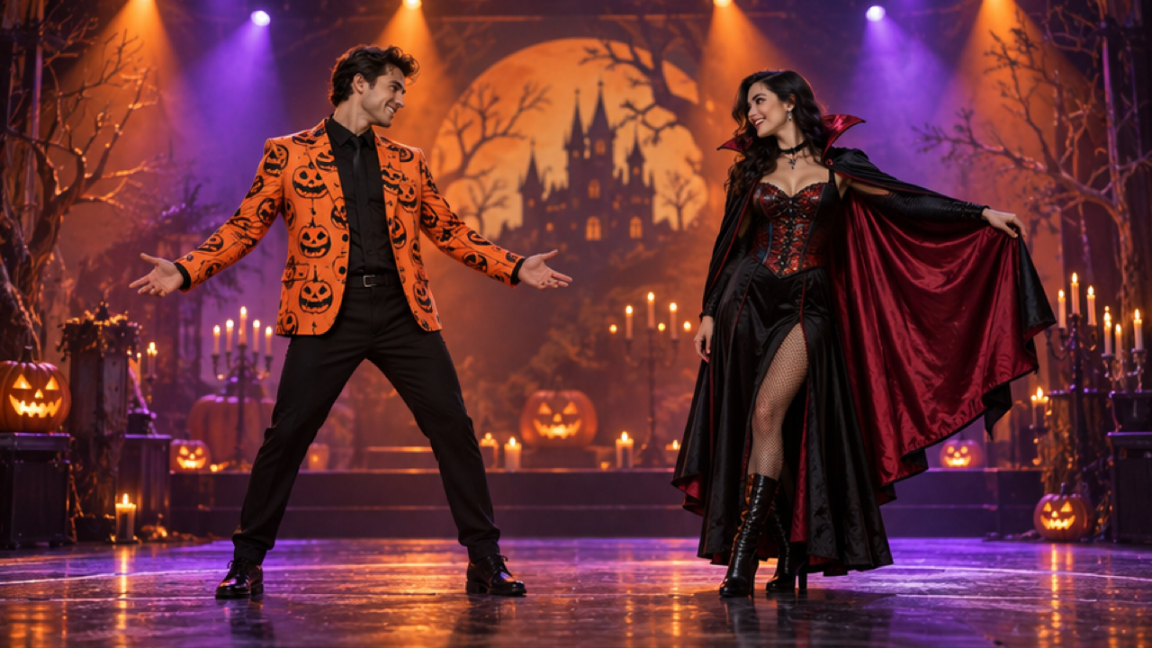 Two fictional adult performers, one in a pumpkin jacket and one in a vampire cape, facing each other on a Halloween stage, orange-violet spotlights