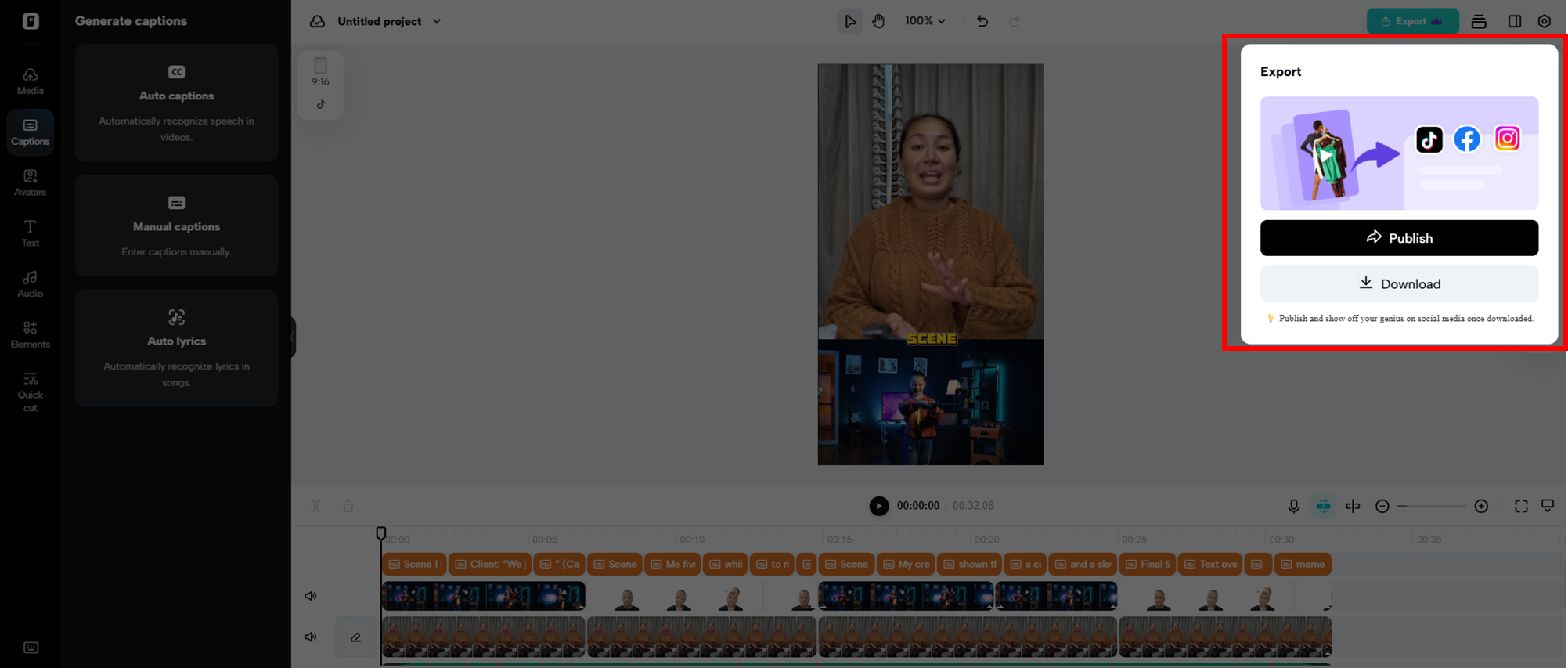 Publique ou baixe o vídeo criado