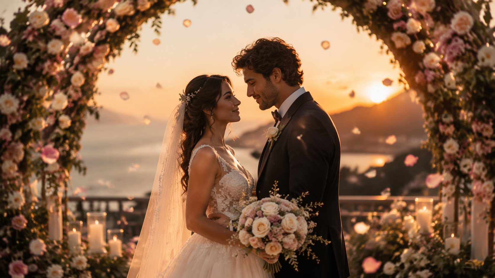 Cinematic wedding ceremony visual with floral arch and sunset