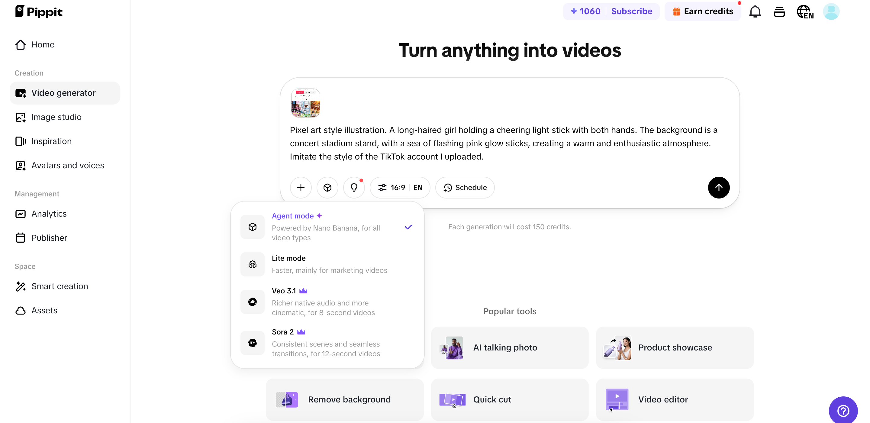 Generating video on Pippit