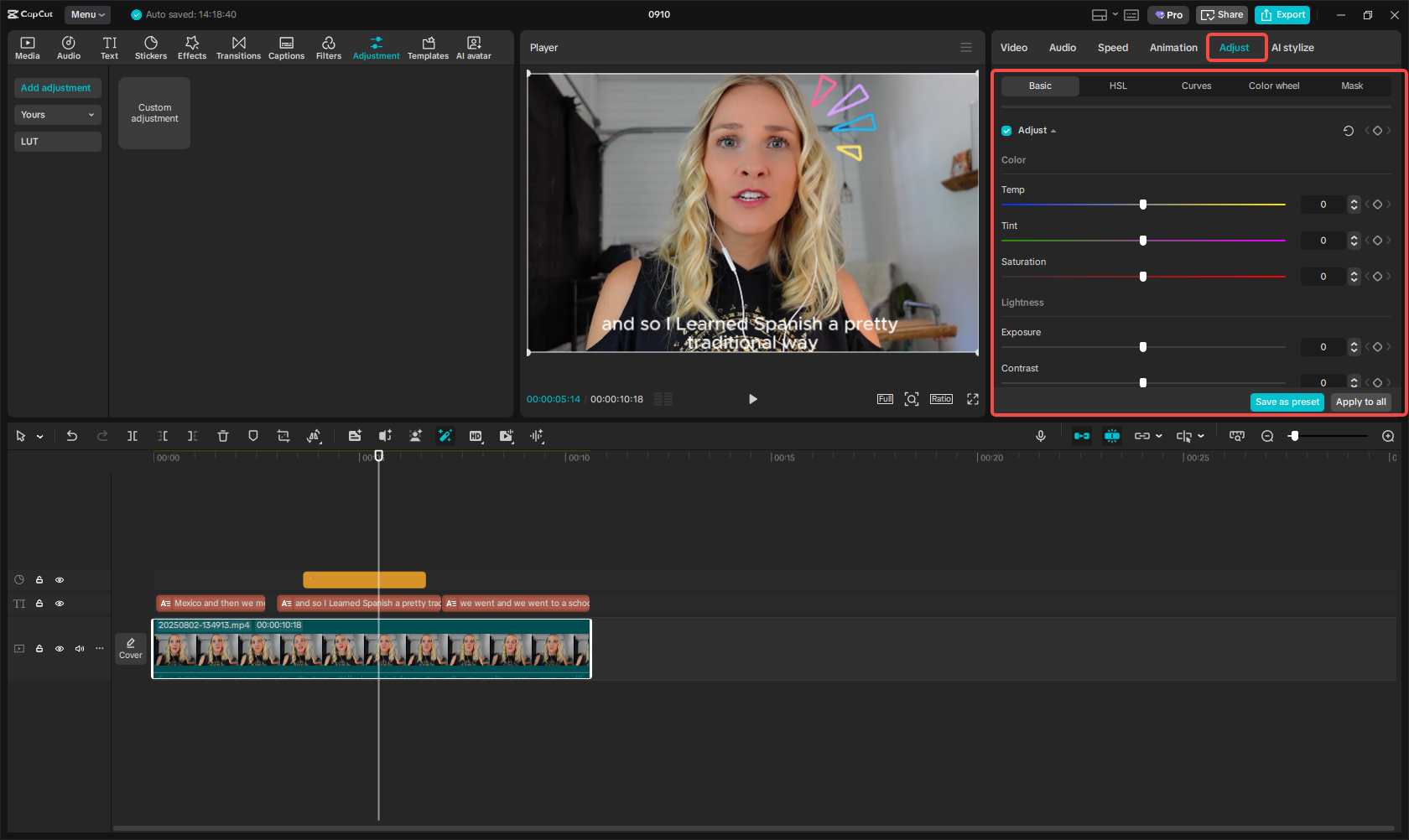 Adjusting video colors in CapCut