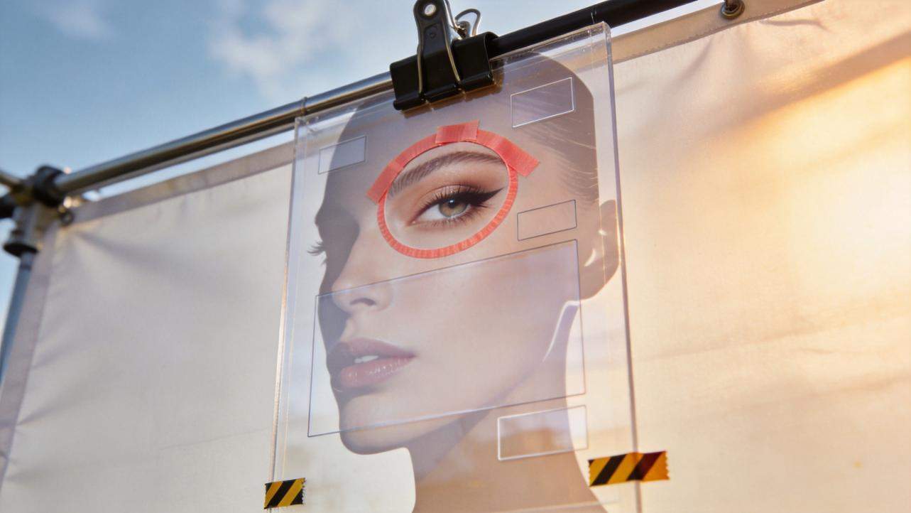Fashion portrait on a hanging transparent panel with one eye circled in red