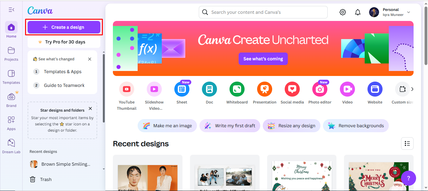 Creating a new design to blur the video background in Canva