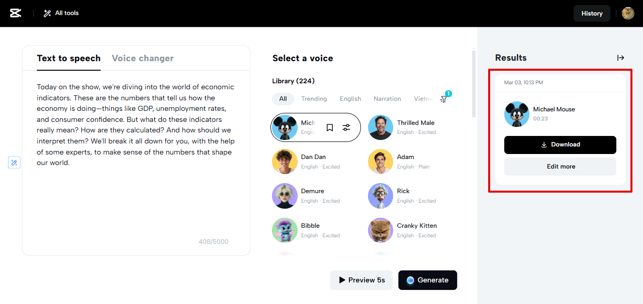 exporting the meme voice from CapCut Web