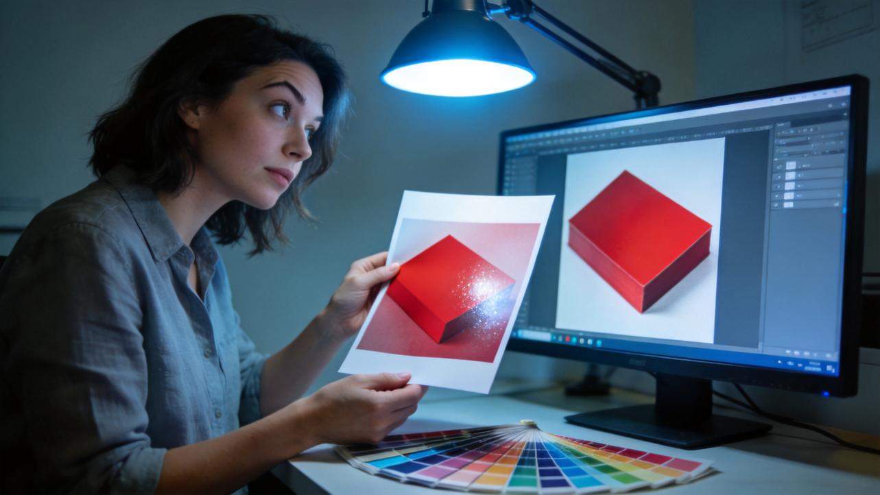 Woman comparing a printed red design with the same design on a computer monitor, with a color swatch fan on the desk