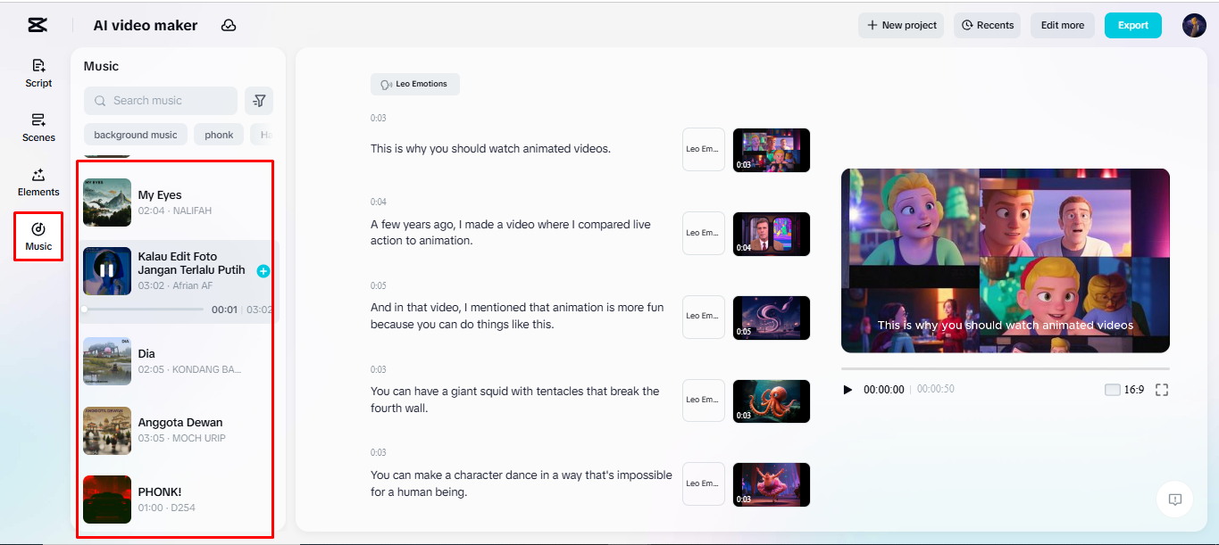 Adding background music to an animated video in CapCut's AI video maker
