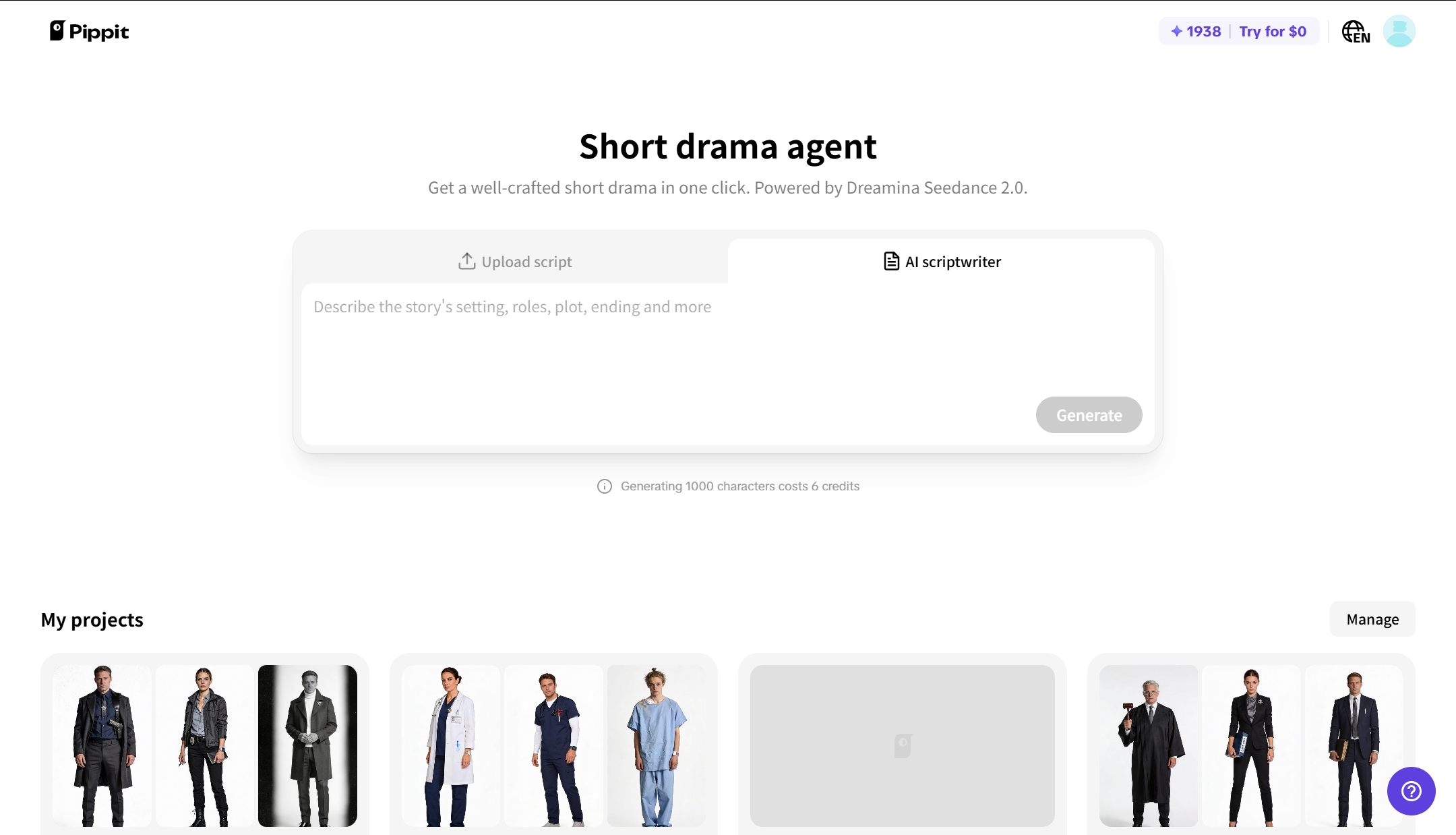 Upload a script or use AI scriptwriter
