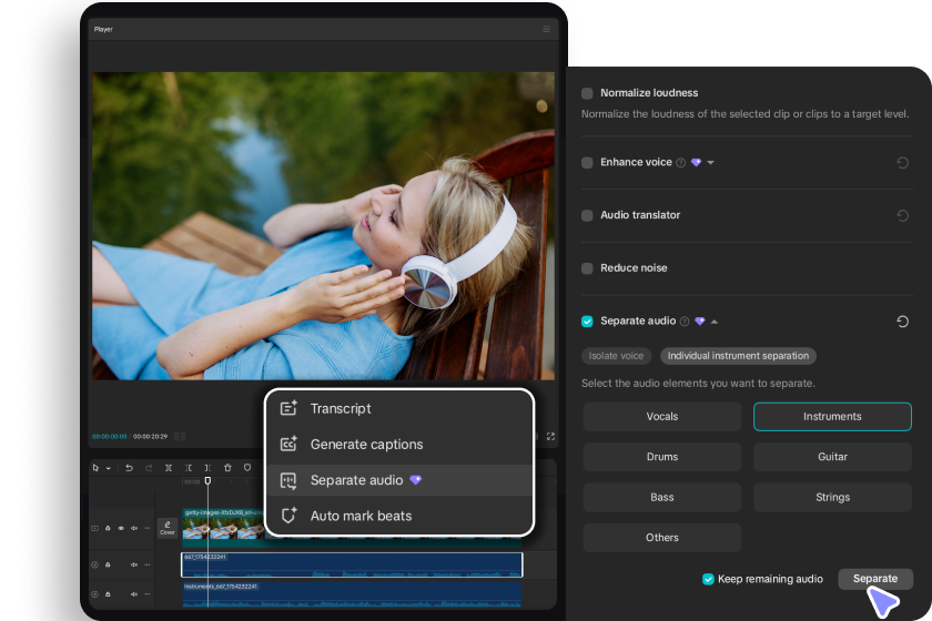 Extrakce instrumentálního zvuku pomocí nástroje CapCut AI