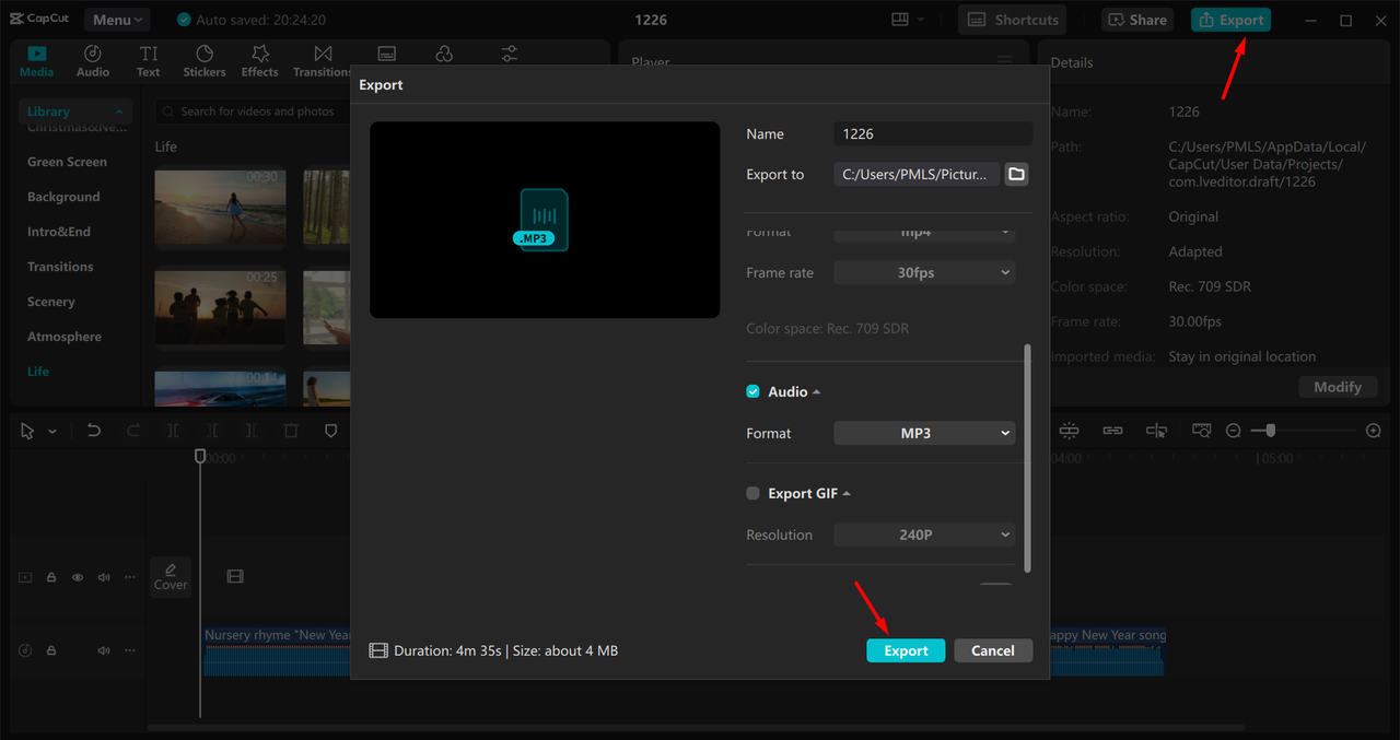 Exporting merged audio from the CapCut desktop video editor