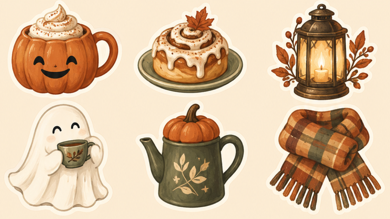 Six coordinated cozy pumpkin-cafe sticker motifs with cream outlines and generous spacing.