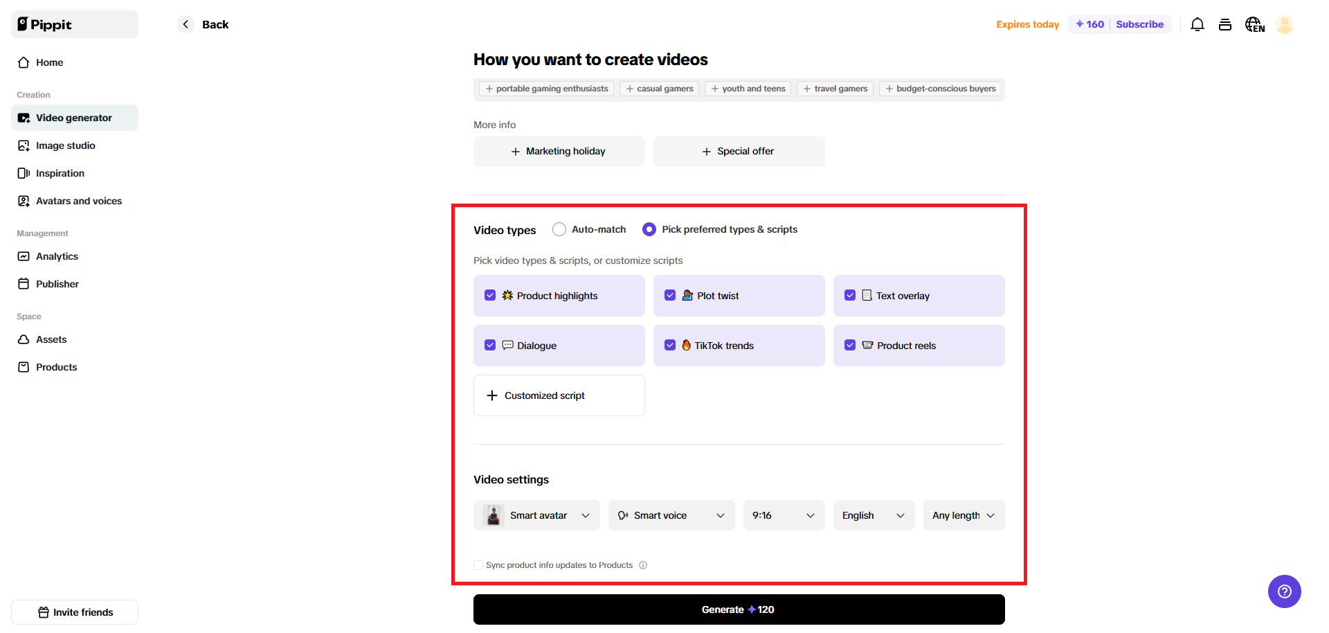 Select your types and settings