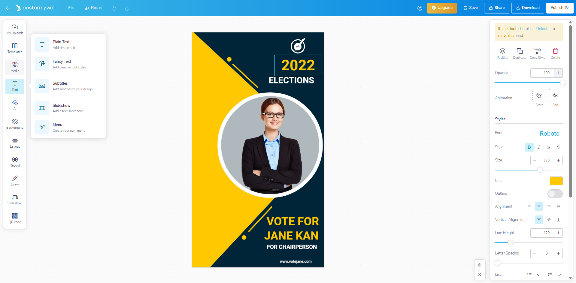 Interface of PosterMyWall - another resource for school poster designs