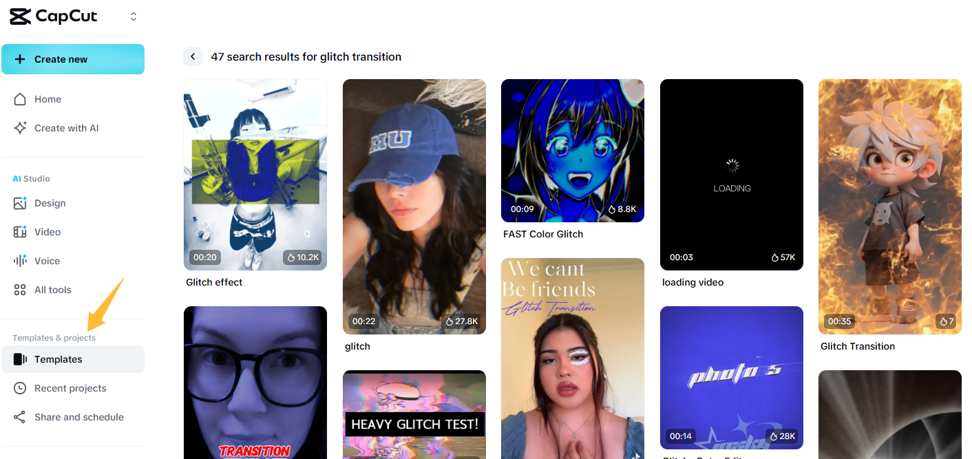 Use the glitch transition template in CapCut online