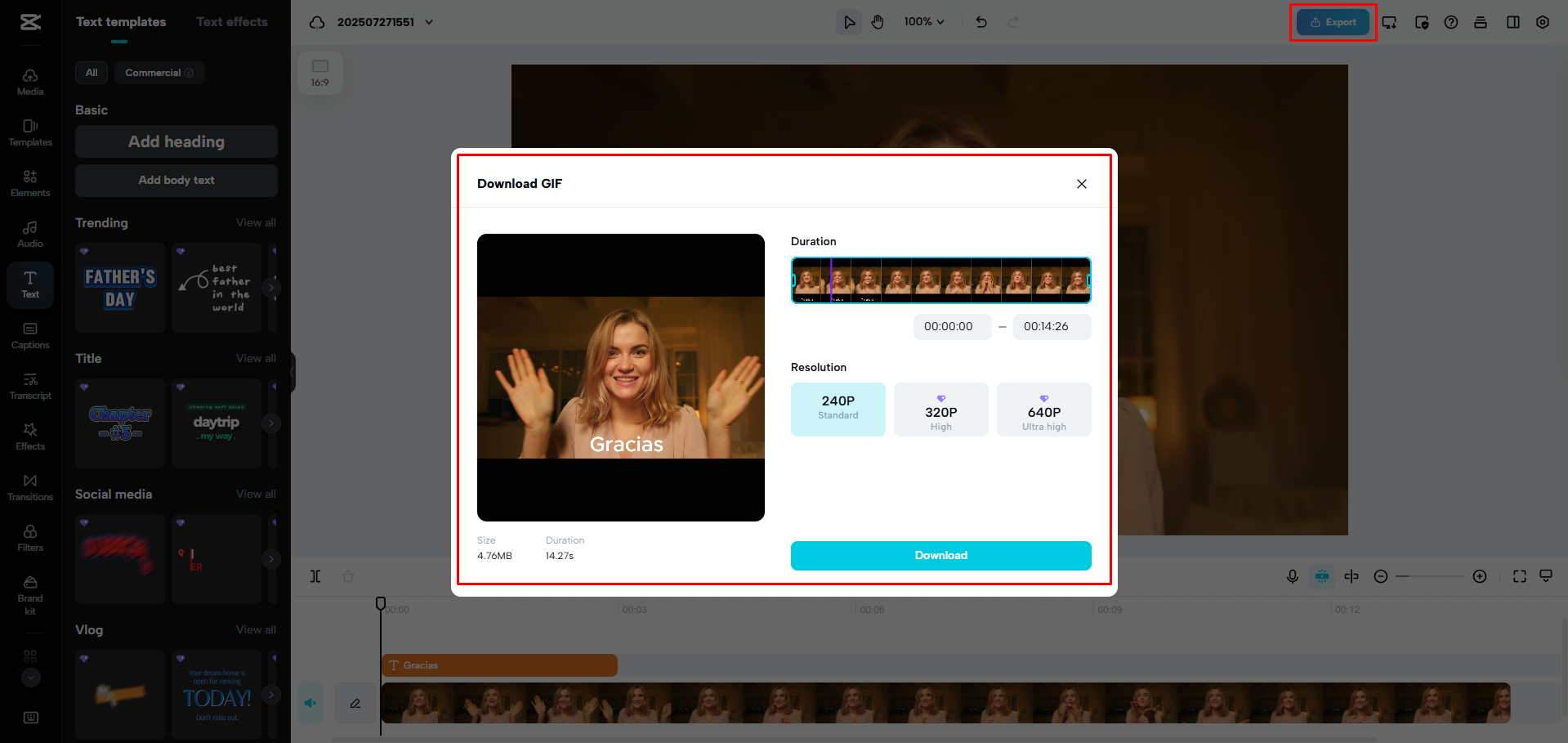 Exporting a video as GIF from CapCut Web