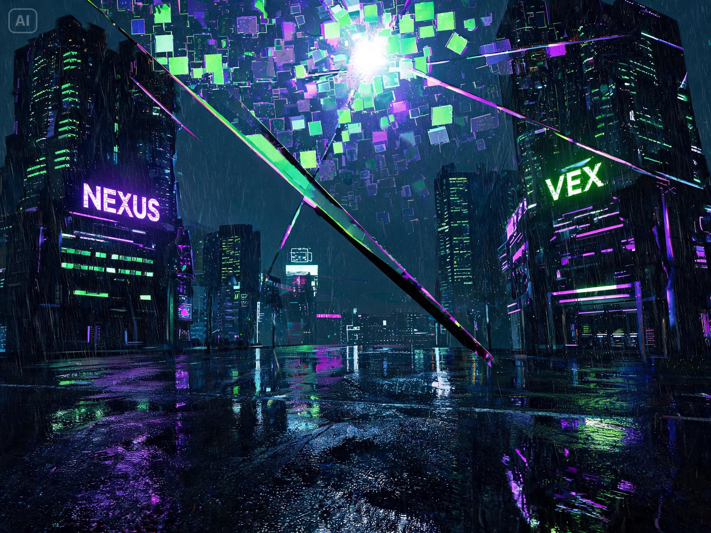 Prompt for a cyberpunk data decay scene