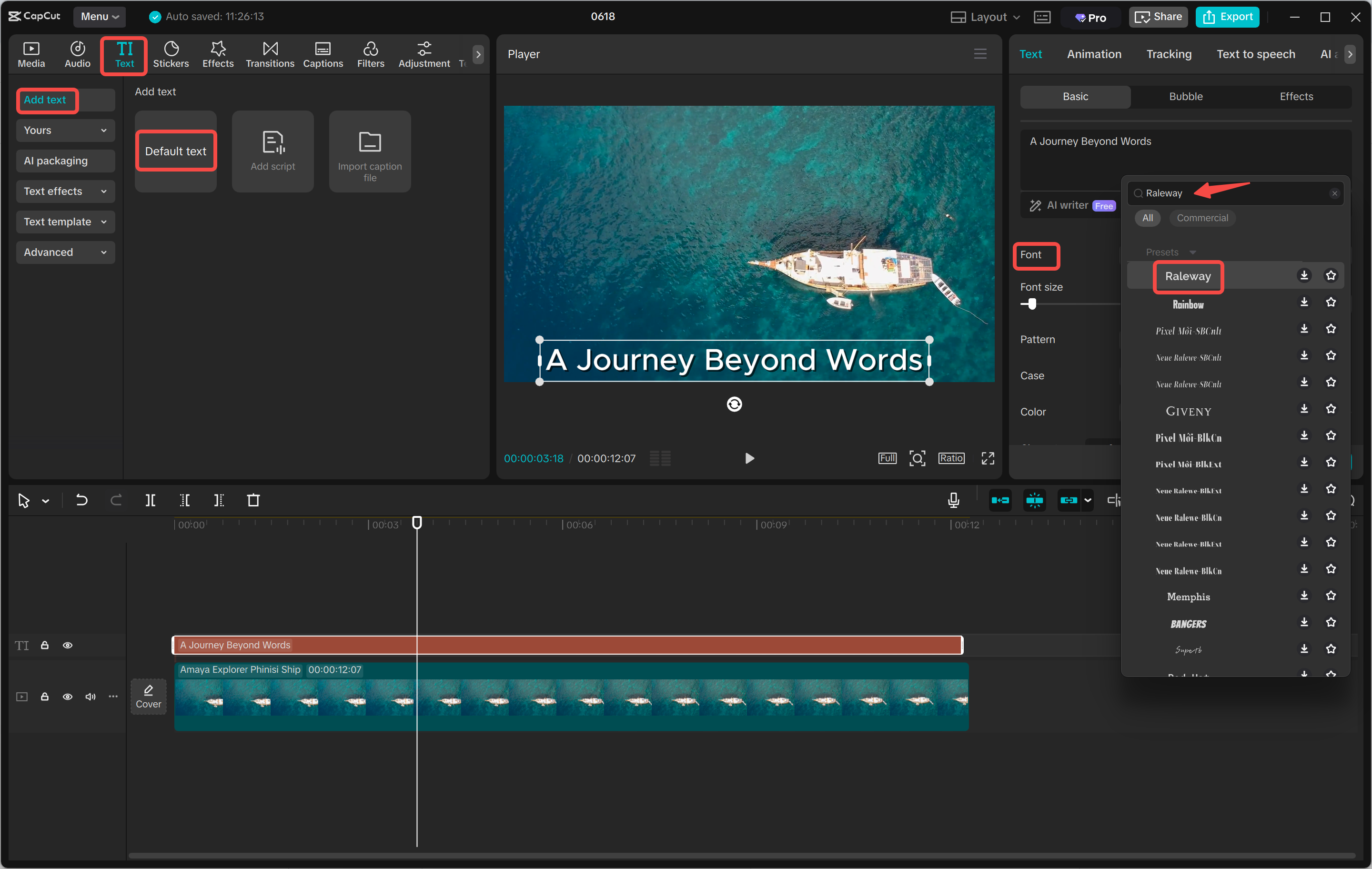 Adding Raleway font to videos in the CapCut desktop video editor