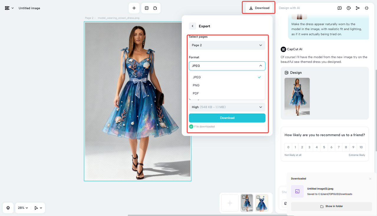 Exporting the clothing design in CapCut