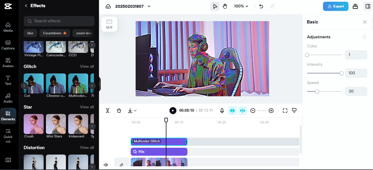 Редактирование игрового видео с использованием AI-инструментов для электронной коммерции, применение многокрасочного глитч-эффекта для вовлекающего онлайн-контента.