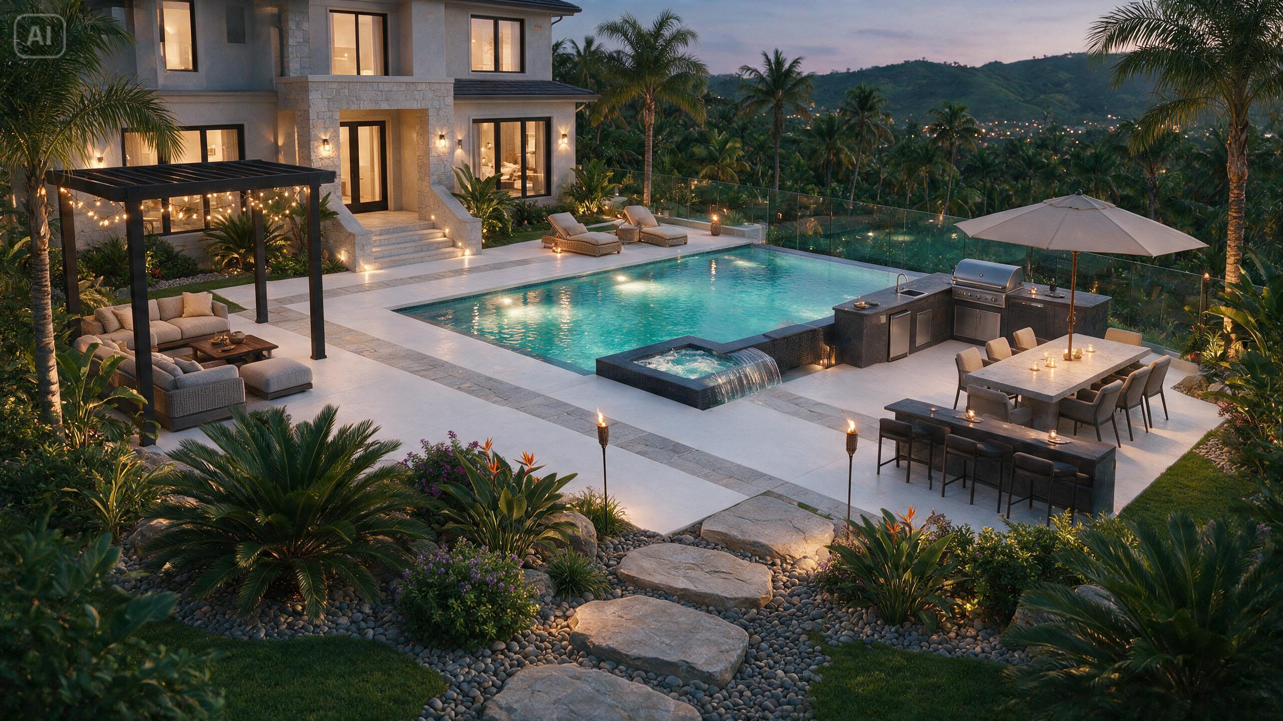 Segera untuk halaman belakang modern dengan kolam renang dan dapur luar ruangan untuk AI Backyard Design Creator: Plan Gardens, Patios, Pools, dan Lainnya