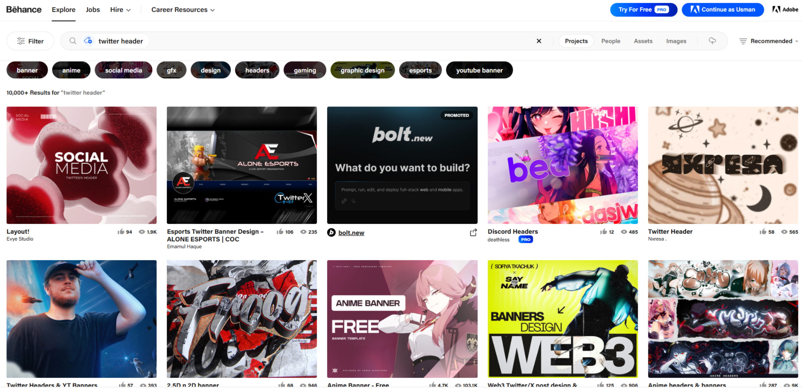 Interfaz de Behance - un sitio con diverso y estético