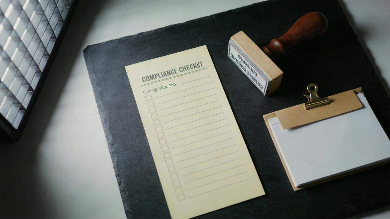 Compliance checklist on a slate board beside a rubber stamp and clipboard