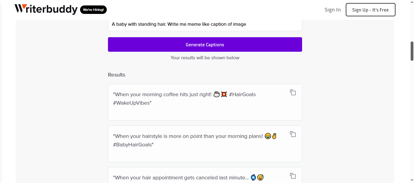 Benutzeroberfläche von WriterBuddy – ein effektiver KI-Bilduntertitel-Generator aus einem Foto.