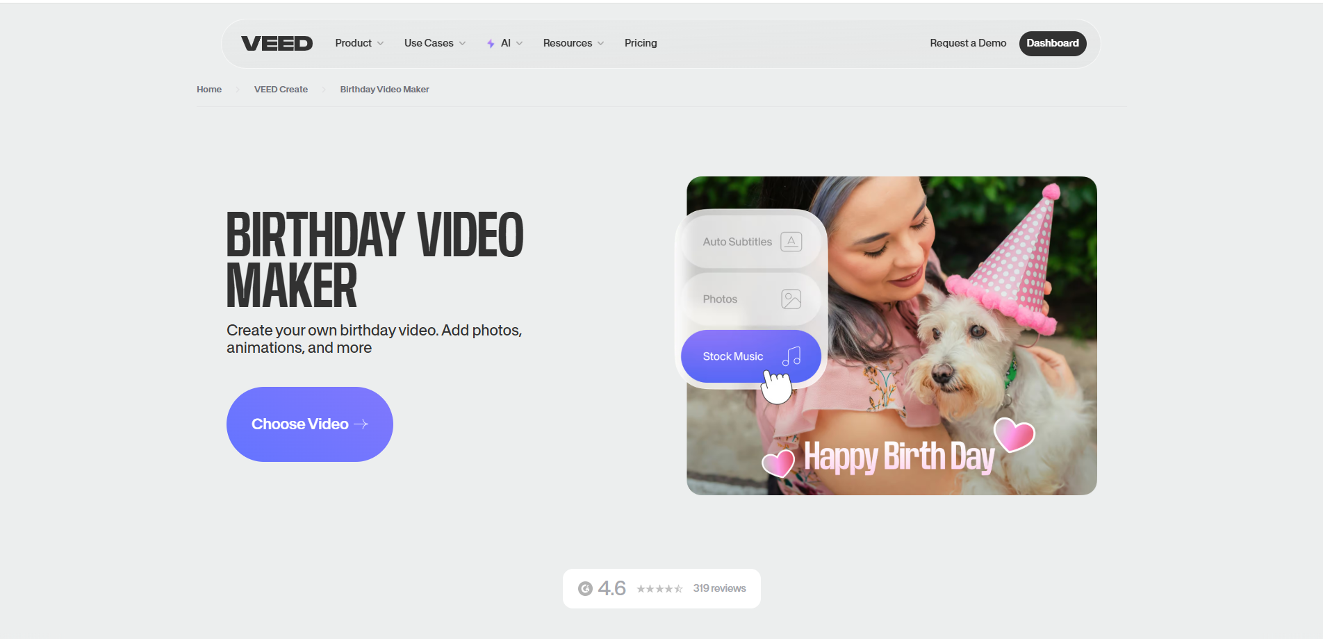 Interface de VEED.IO - um criador de vídeo de aniversário amigável IA