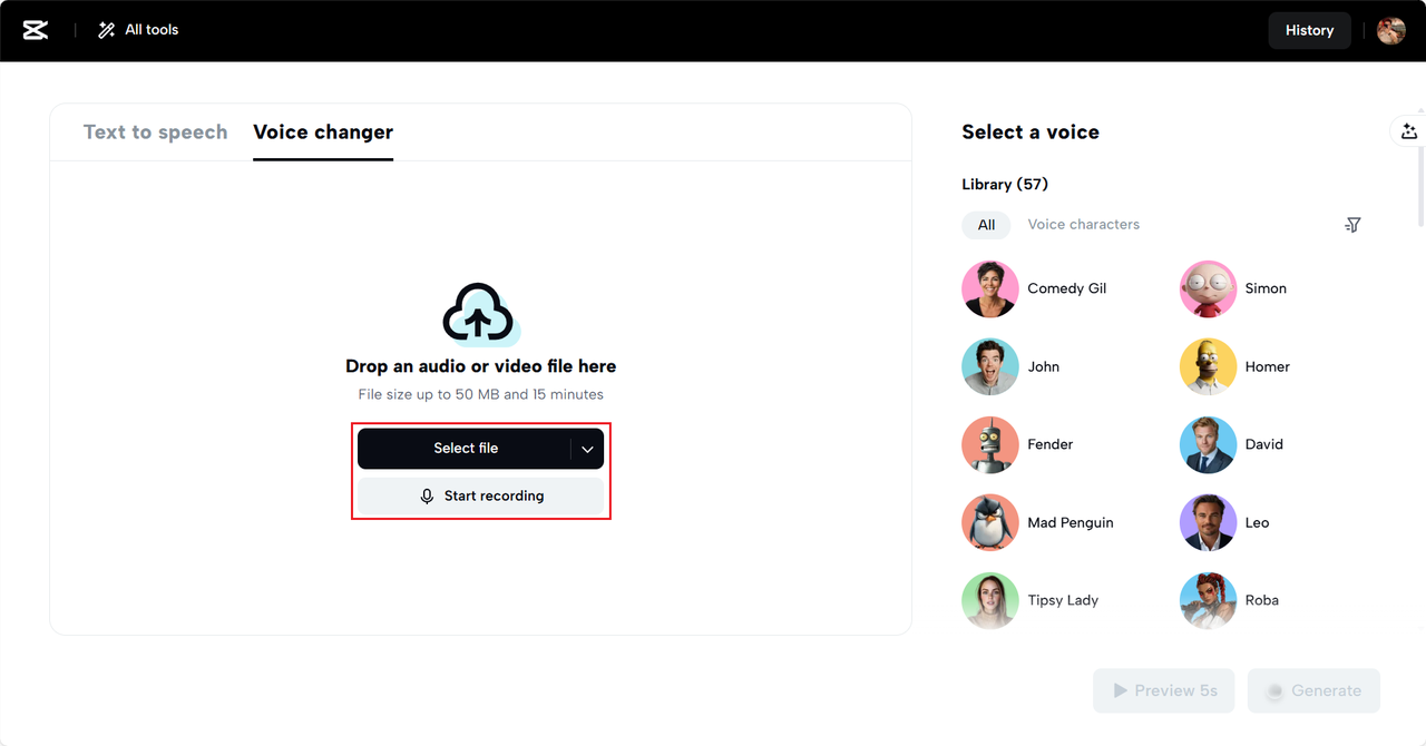 Voice changer tool in CapCut Web