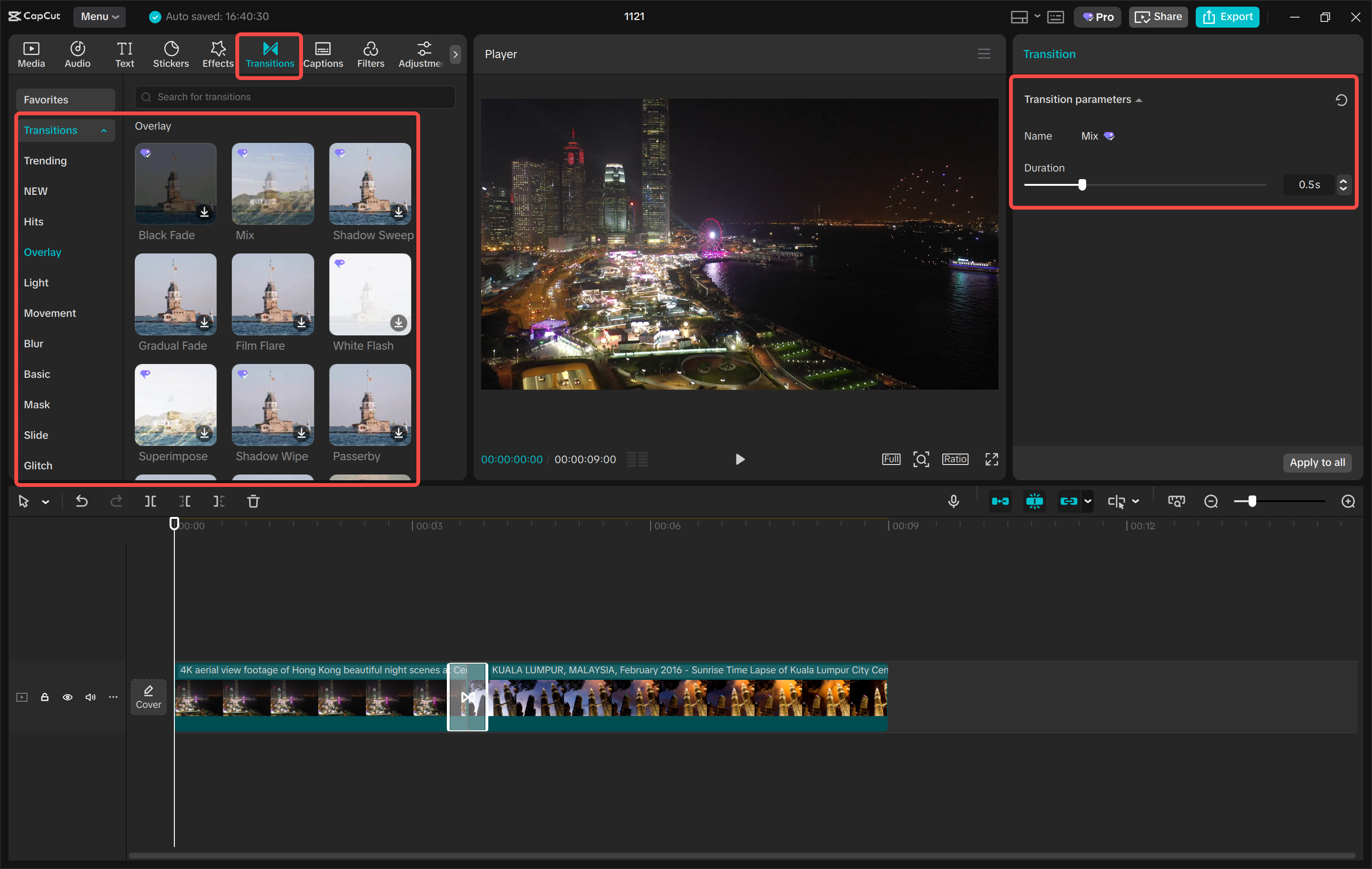 Add transitions while merging videos in CapCut desktop.