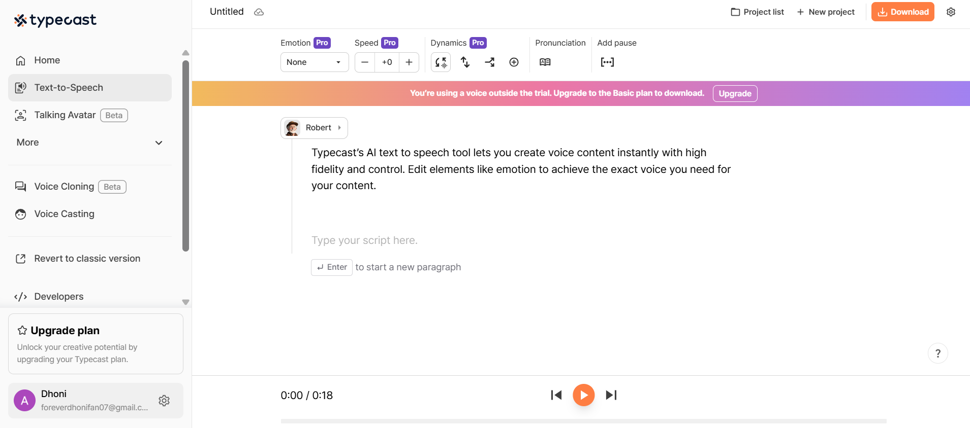 Инструмент преобразования текста в речь Typecast AI