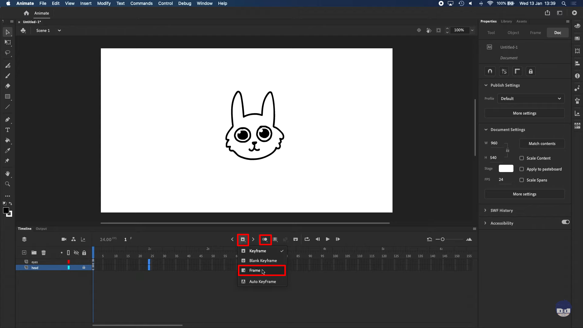 Accessing the frame feature in Adobe Animate