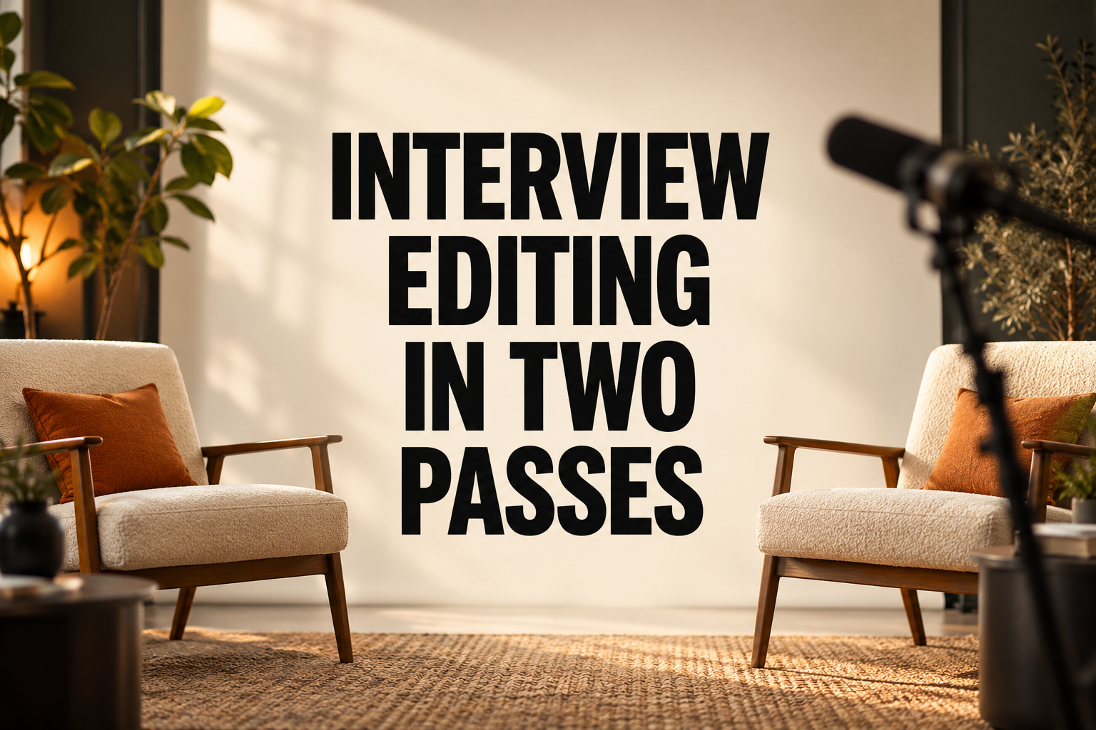 Interview editing in two passes with two empty studio chairs and a microphone
