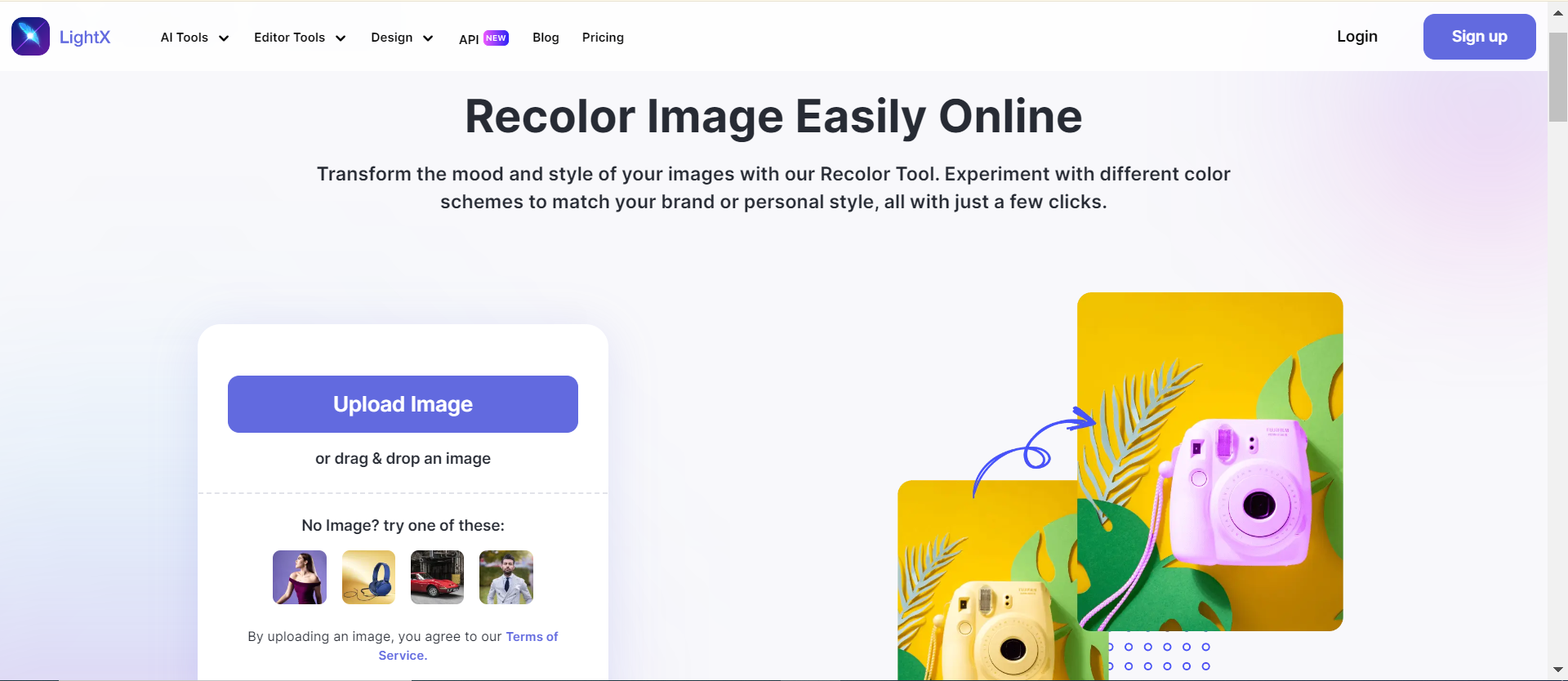 Pagina site-ului web de recolorare a imaginii online LightX