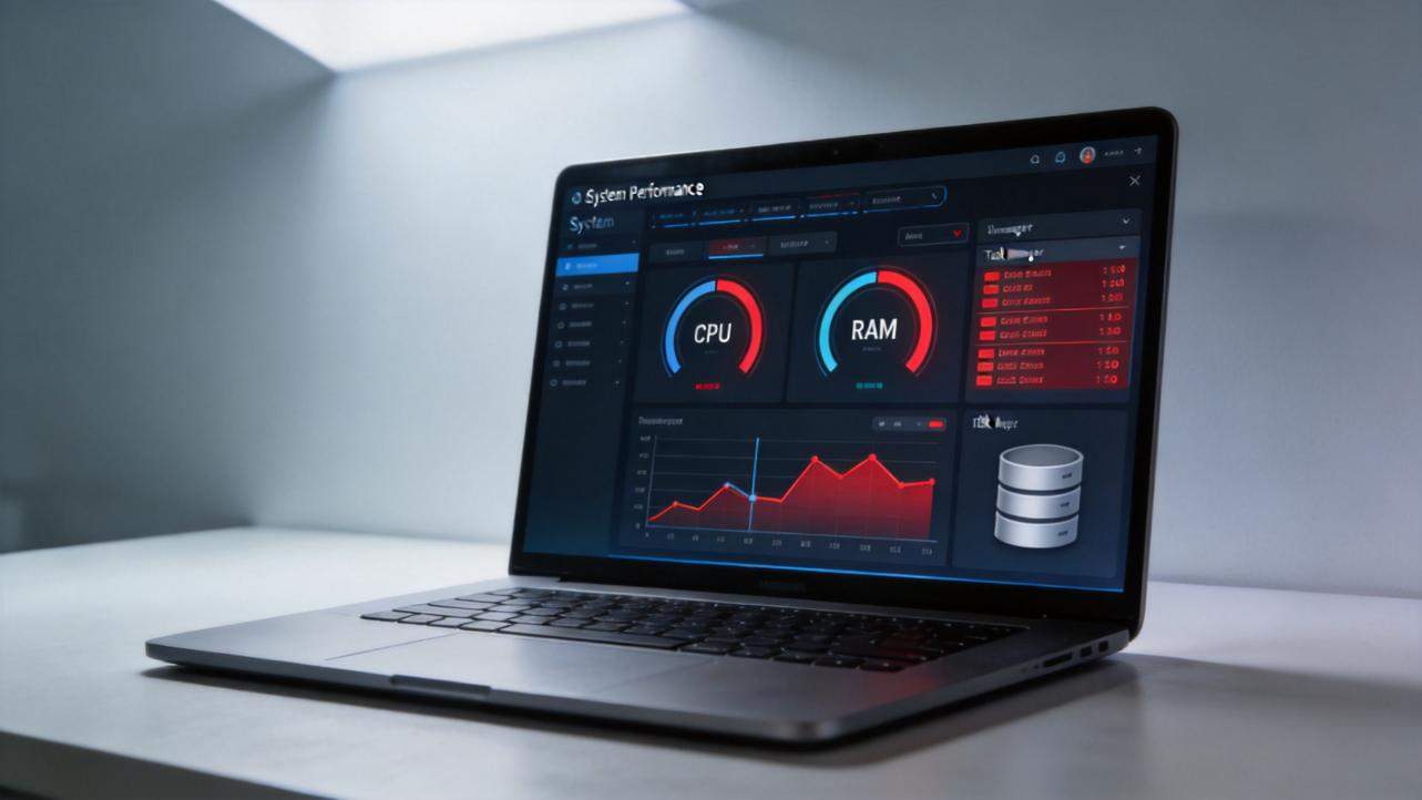 Laptop showing a system performance dashboard with CPU, RAM, and usage graphs