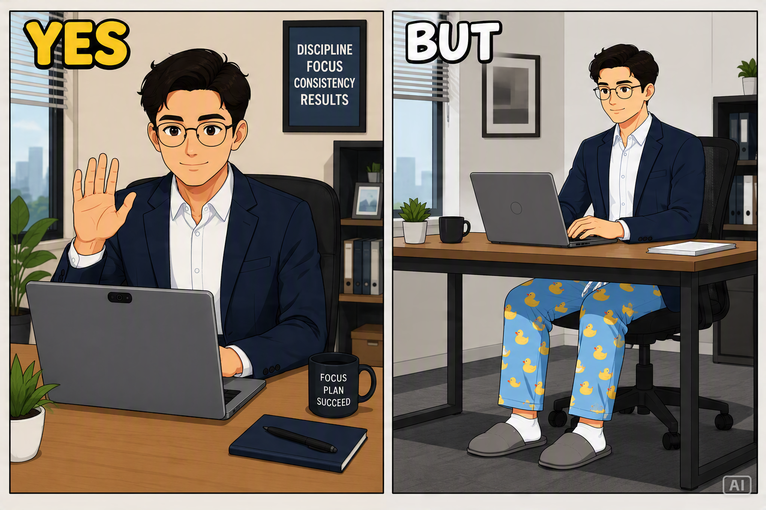 Yes but remote work meme image generated by Pippit