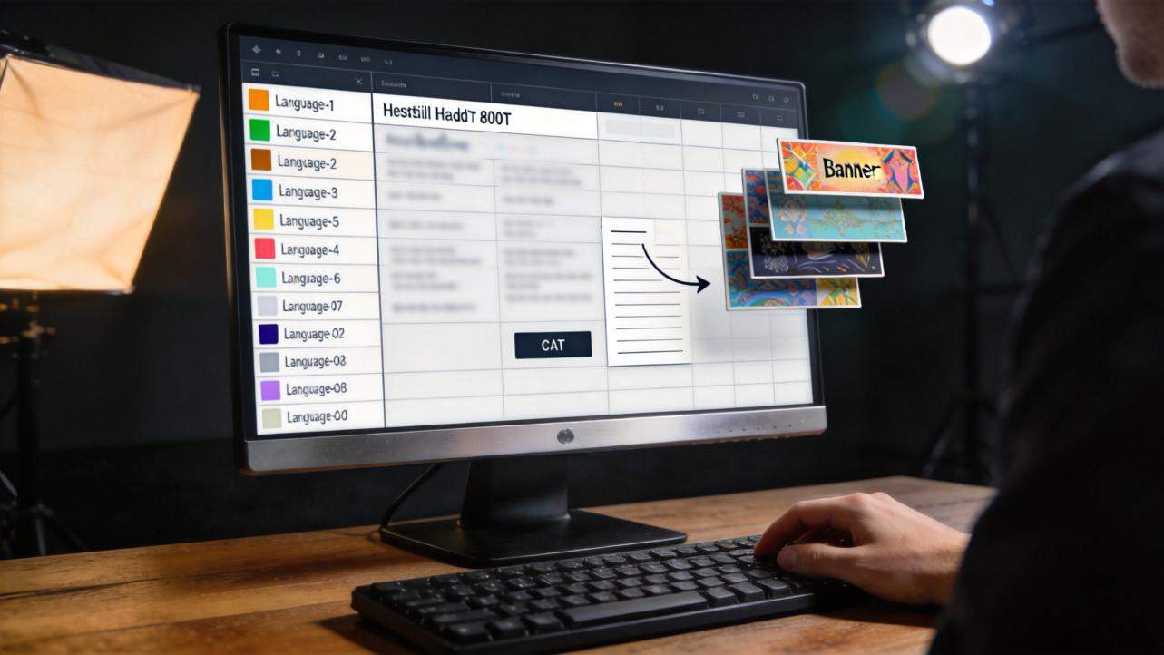 Computer monitor shows a multilingual banner layout with language labels and several design variations stacked on the right
