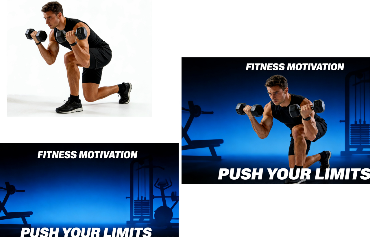 通過Dreamina的多圖融合功能，結合不同元素生成一張新的健身海報。