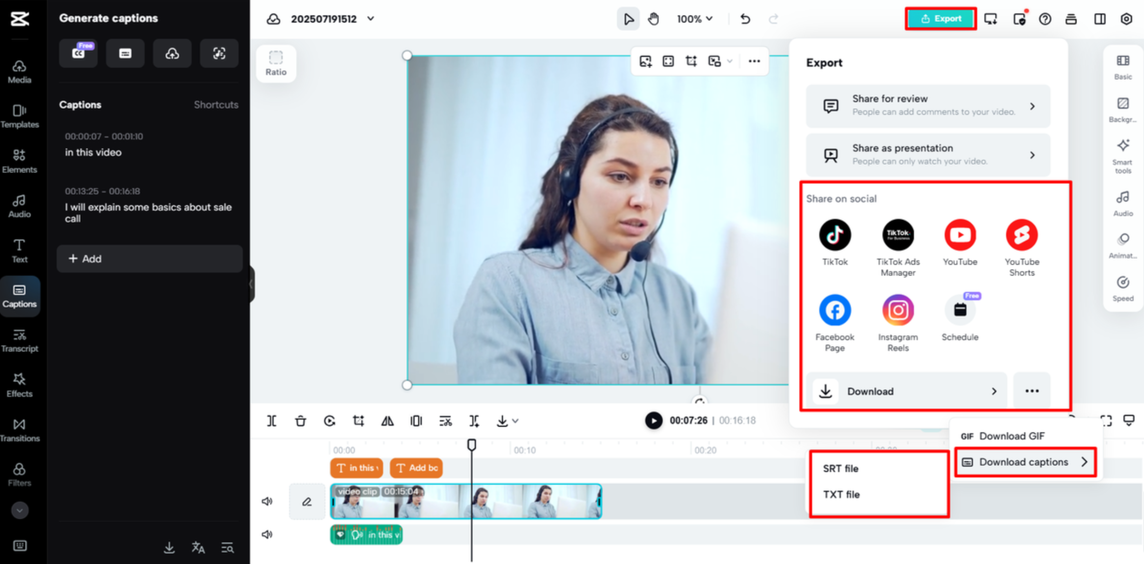 Videoexport von der CapCut Web