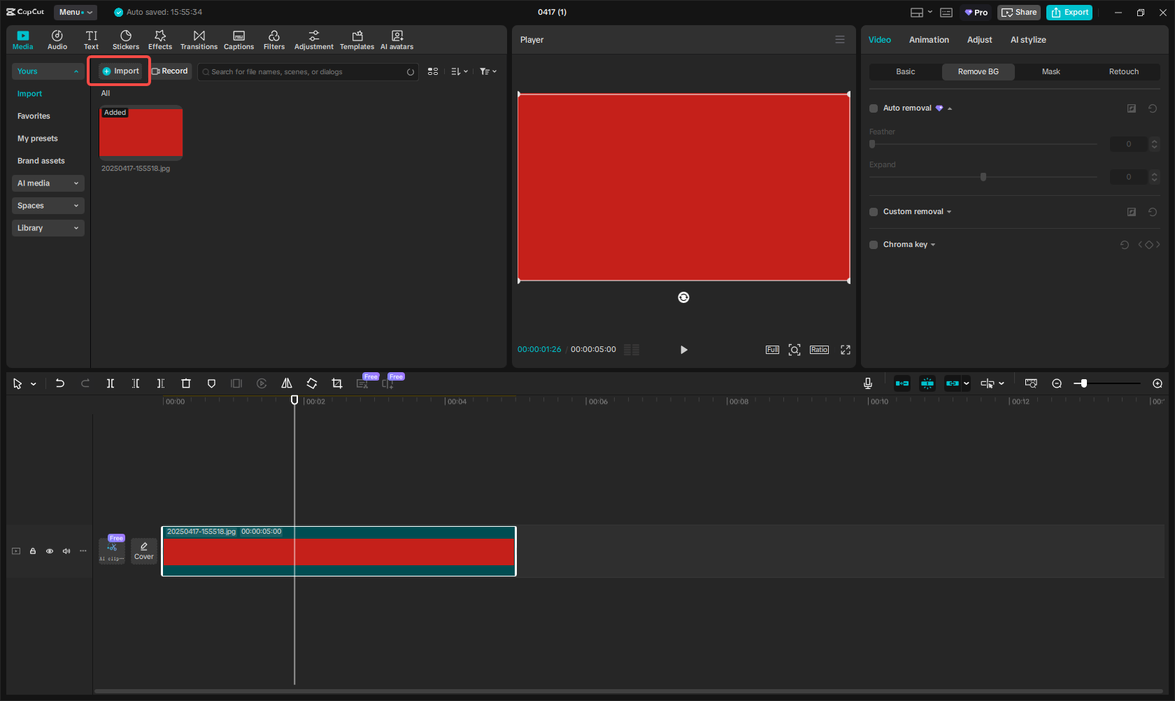 Import a red background image/video