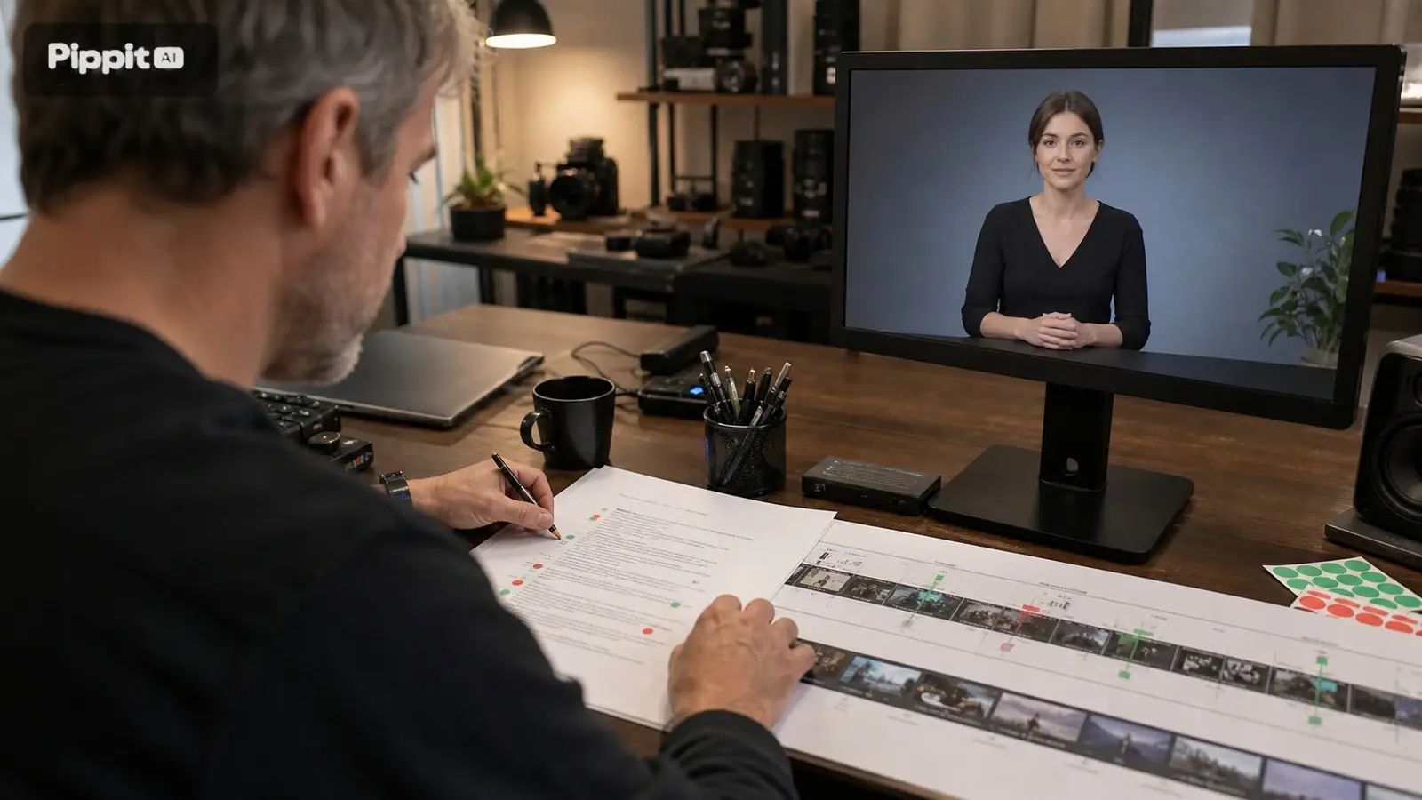 Mies tarkastelee videoeditointeja pöydän ääressä, kun AI-avatar näkyy näytöllä