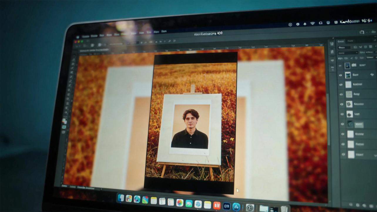 Photo editing software on a laptop showing a portrait centered on a canvas with autumn leaves background