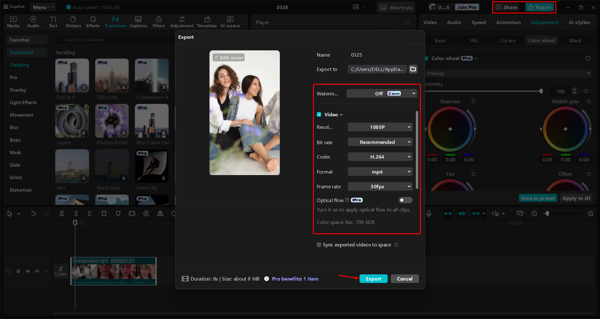 Exporting a video from the CapCut desktop video editor