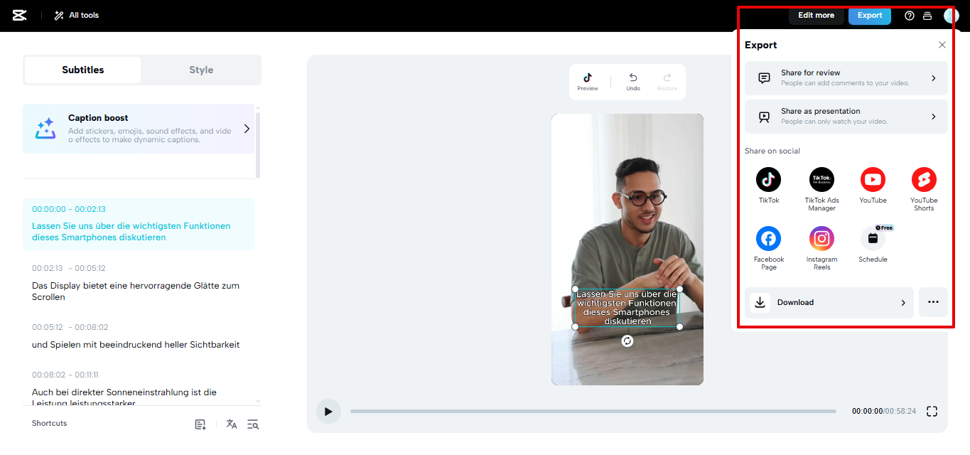 CapCut Web'den çevirilmiş altyazılar ile video dışa aktarma